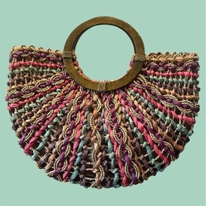 Boho Multicolor Woven Handbag with Wood Handles - Charming Charlie